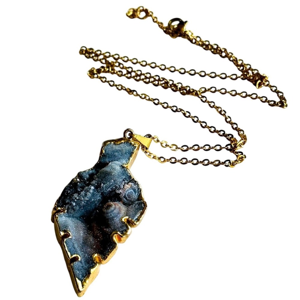 Brutalist BOHO Necklace Natural smoky agate Druzy Genuine 24kGP Gold Plated 20"